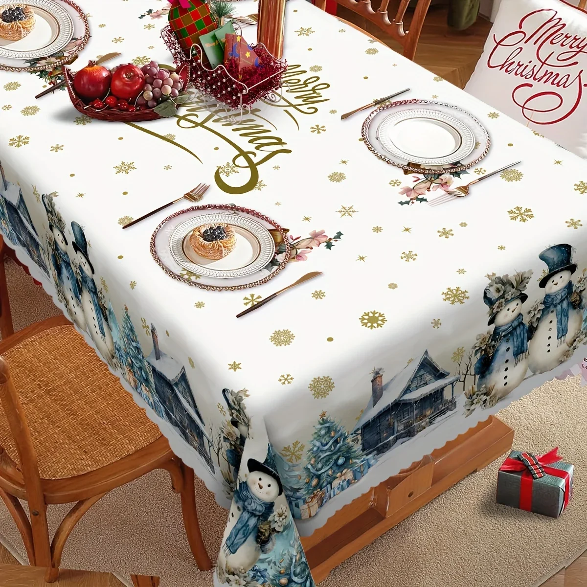 Christmas Snowman Golden Snowflake Waterproof Tablecloth Holiday Party Decor Xmas Tree Rectangle Table Cloth for Table Decor