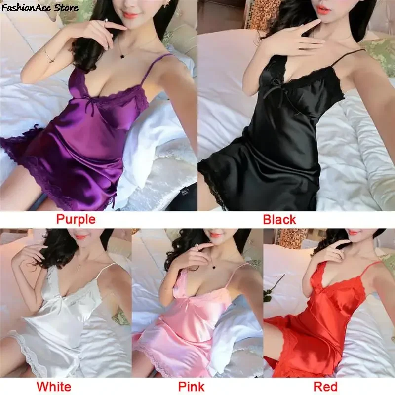 Ladies Silk Sling Nightdress Women\'s 2024 Summer Sexy Lingerie Satin Nightgowns Sleepshirts Lace Cup V-neck Nightwear Homewear