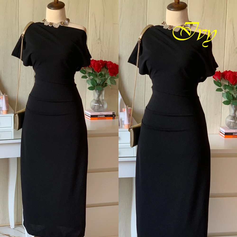 Customized Simple Off the Shoulder Sleeveless Evening Dress Delicate Jersey Prom Dresses Temperament Black Homecoming Gowns