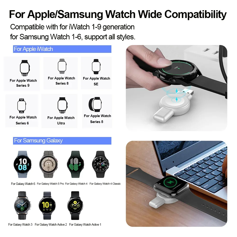 Magnetisches kabelloses Ladegerät für Samsung Galaxy Watch 6, 5, 4, 3 Pro, USB-A-Typ-C-Anschluss, tragbares Schnellladegerät für Apple Watch 9, 8,