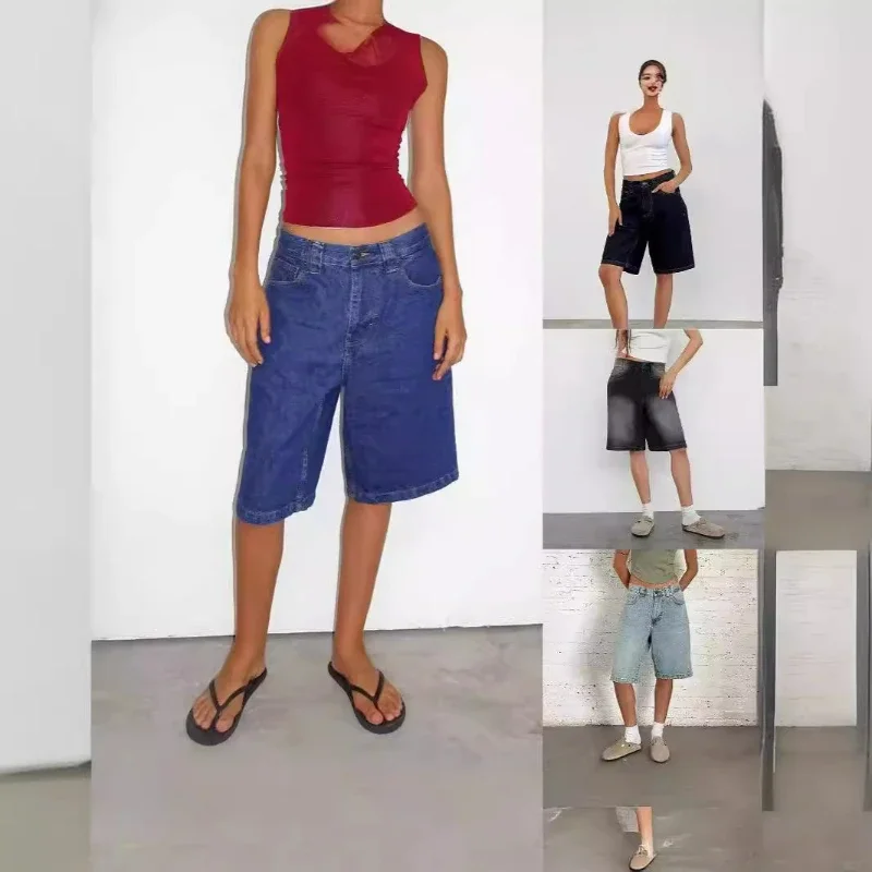 Distressed Knee Length pant Vintage Denim Pants Women Wide Leg Jeans Midi Waist Pockets Loose Casual Summer Streetwear