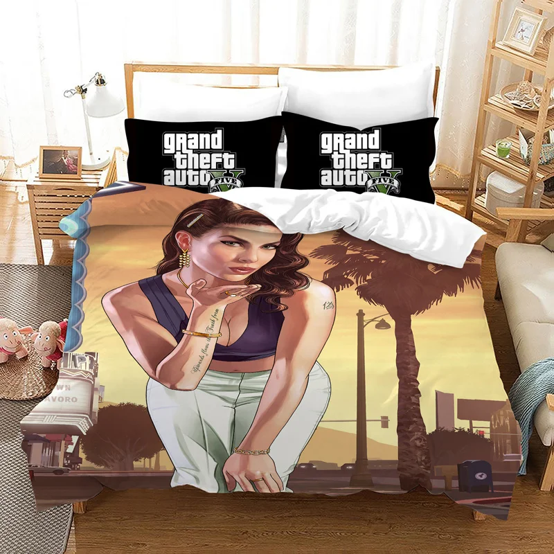 Game GTA V Bedding Set Cartoon Duvet Covers Pillowcase Grand Theft Auto 5 Comforter Bedding Sets Bed Linens Bedclothes(No Sheet)