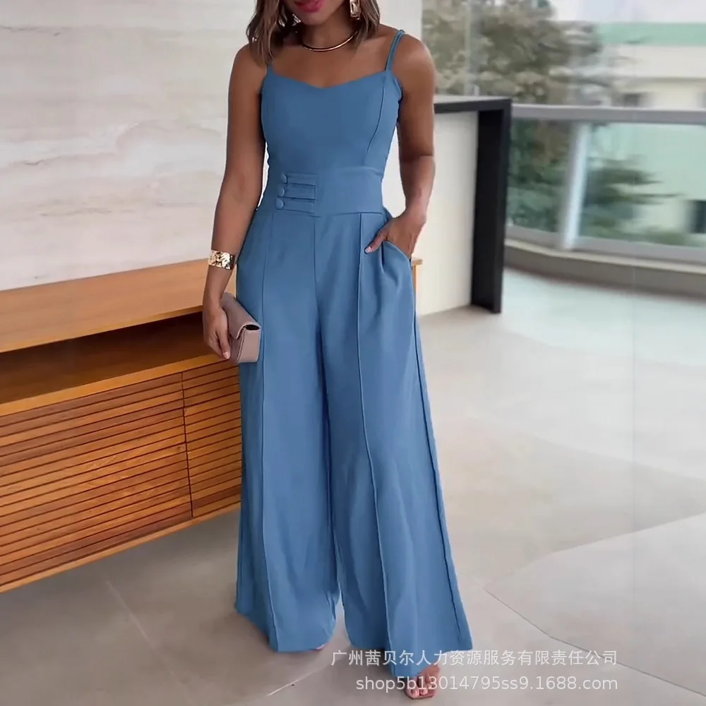 レディース オールインワン パンツ ルーズ レイクブルー ウエストバックルデザイン ストラップ スリムフィット ワイドレッグ ジャンプスーツ