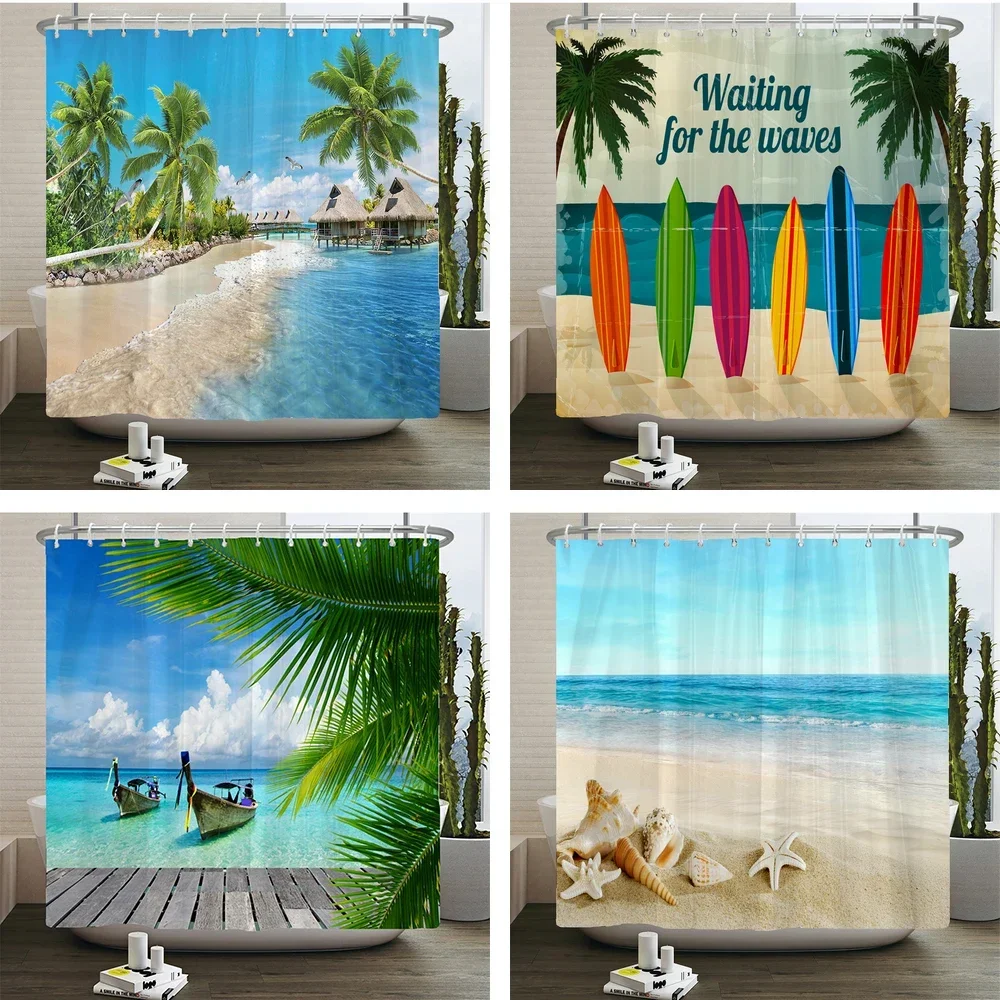 Tropical Beach Shower Curtain Palm Tree Surfboard Starfish Conch Ocean Seascape Waterproof Polyester Bathroom Curtain With Hooks