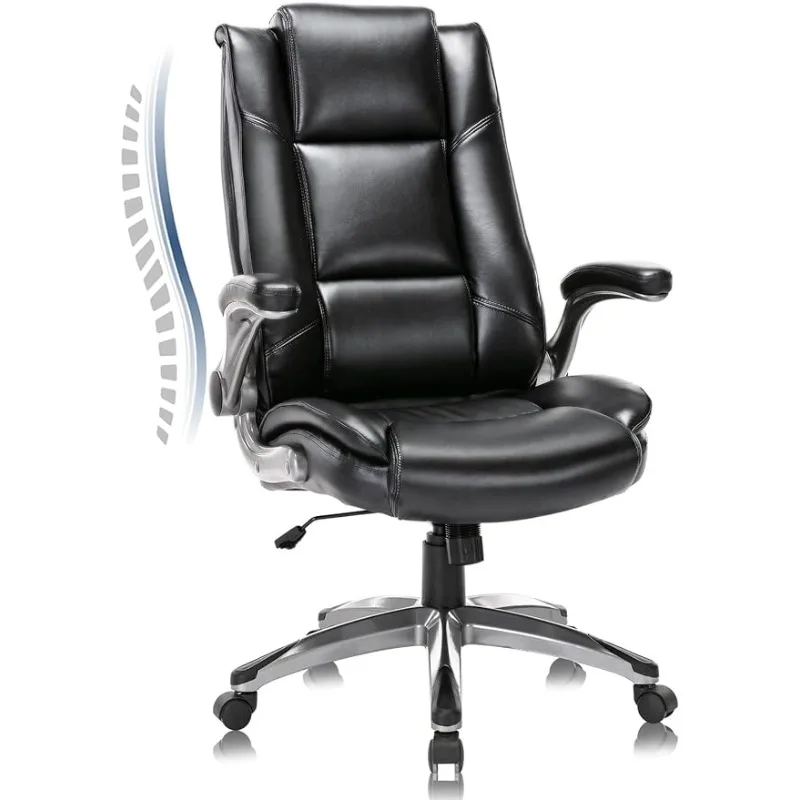 Leather Executive Office Chair- High Back Home Computer Desk Chair with Padded Flip-up Arms, Adjustable Tilt Lock, Black