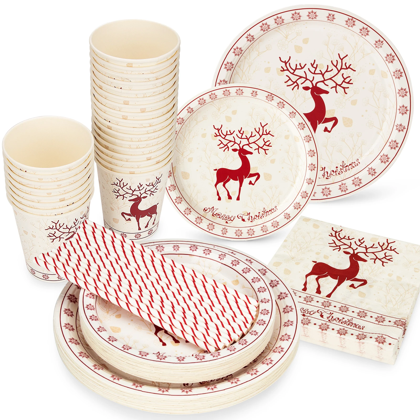 125pcs Chrismas Elk Disposable Dinnerware Set Include Plates Napkins Cups & Straws Chrismas Party Supplies,Party Paper Tableware