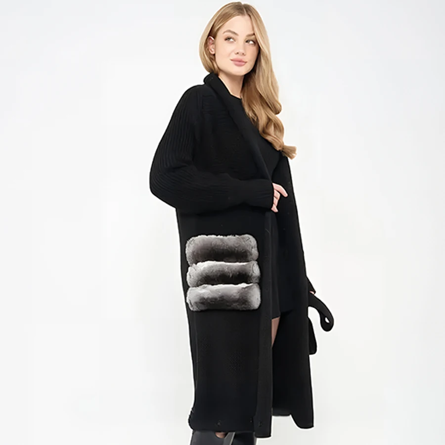 Women Fur Coat Long Cashmere Sweater With Real Fur Chinchilla Rex Rabbit Fur Trim Winter Warm Fur Sweaters For Women 2024 New