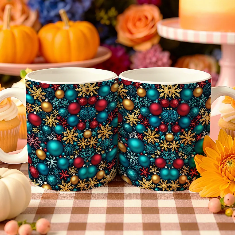 1pc Christmas Coffee Mug with Festive Snowflake & Bauble Pattern - Red, Golden, Green, Brown Holiday Colors - Ideal Christmas Gift for Home, Office, or Party - Durable Cup for Hot Beverages - Perfect for Family, Friends, Colleagues - Elegant Tableto