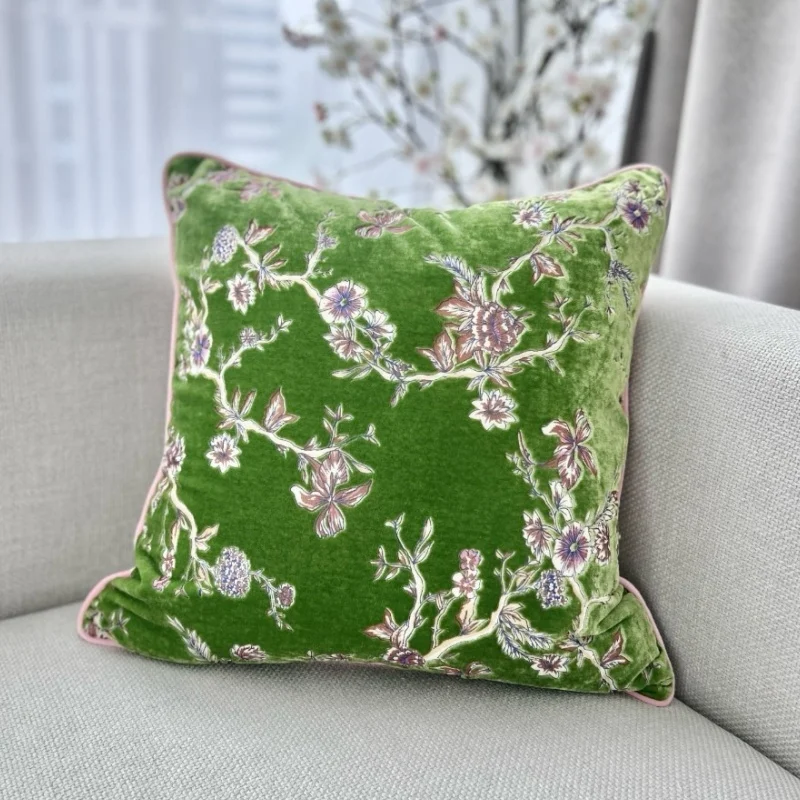 Green Velvet Pillow Retro Chinese Flora Cushion Case 50x50 Square Decorative Pillow Cover For Sofa Chair Home Decorations