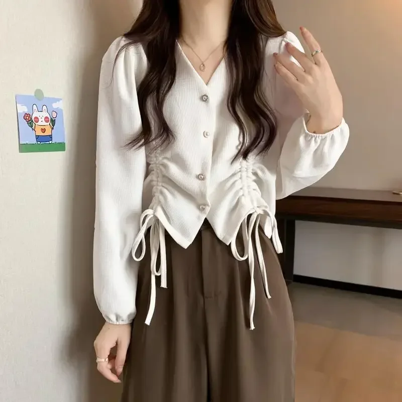 Рубашка с длинными рукавами, женская новая дизайнерская рубашка с нишевым шнурком в западном стиле, маленькая рубашка с объемными рукавами, шикарный маленький весенний топ