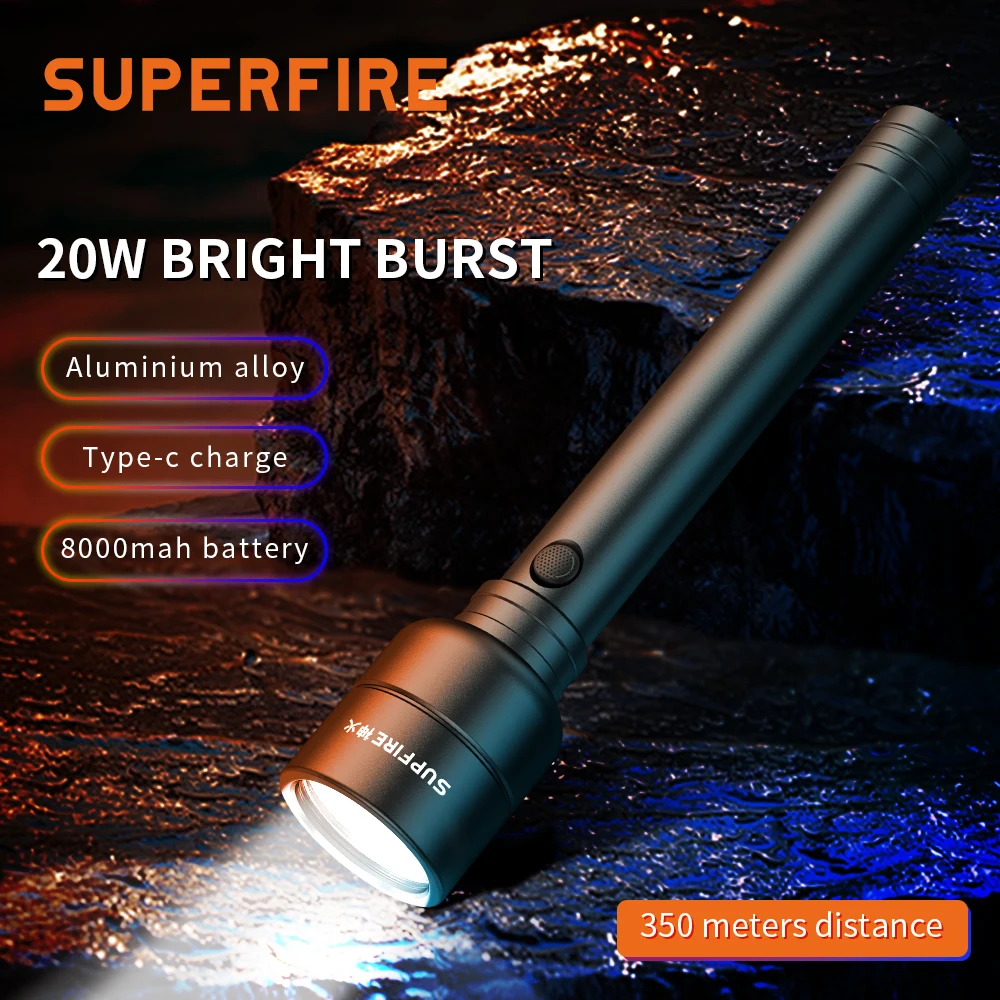 SuperFire Y16 Tactical Flashlight strong light 350M long-range portable Led Type-C rechargeable torch powerful 8000mAh Battery