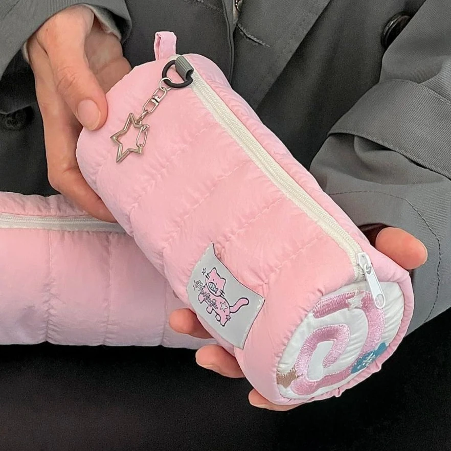 Estuche de lápices de pastel rosa de manzana verde Kawaii, bolsa de almacenamiento, bolsa de cosméticos, papelería para estudiantes, suministros