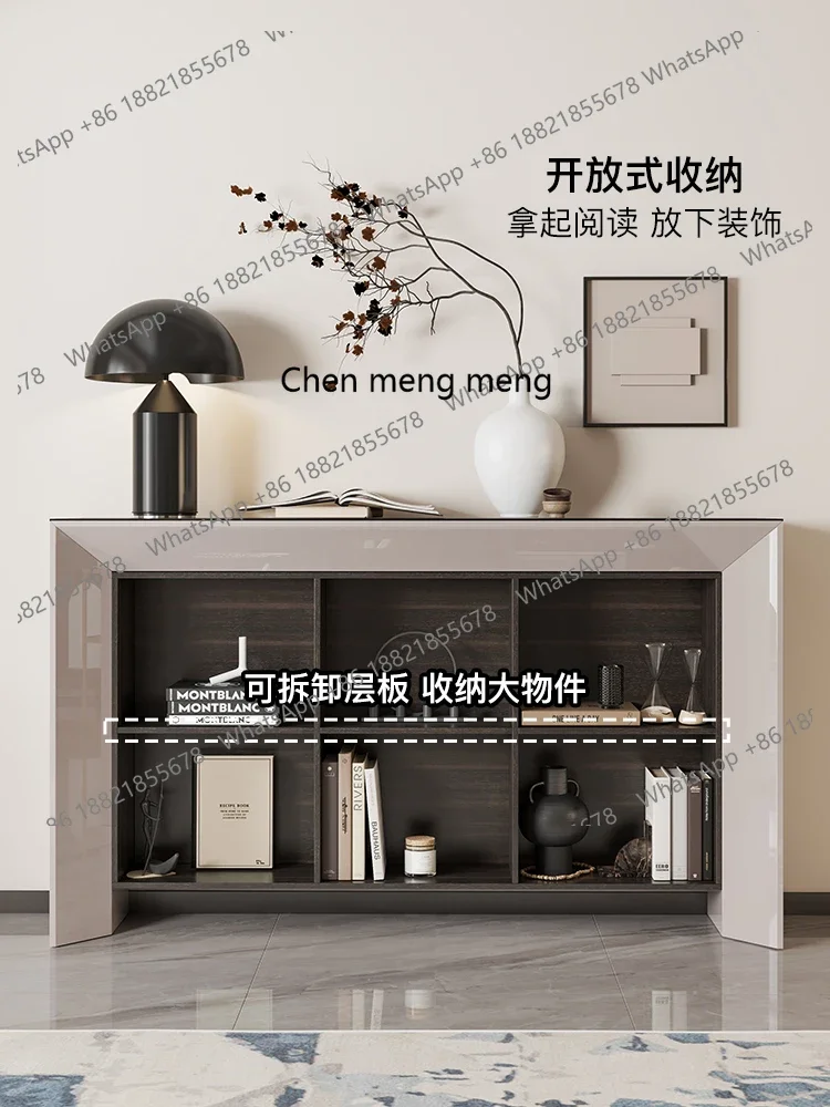 Italian-style porch cabinet enters the house, opposite the door, rock slab end view table against the wall, narrow side table
