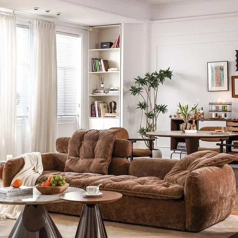 Retro caramel straight row fabric three-person sofa simple and modern