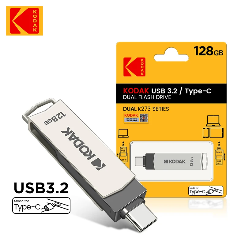 Kodak-Original 2in 1 USB Flash Drives, Tipo-C Pendrive, Dual Memory Stick, Pen Drive com adaptador iPhone, 32GB, 64GB, 128GB, 256GB, 2pcs