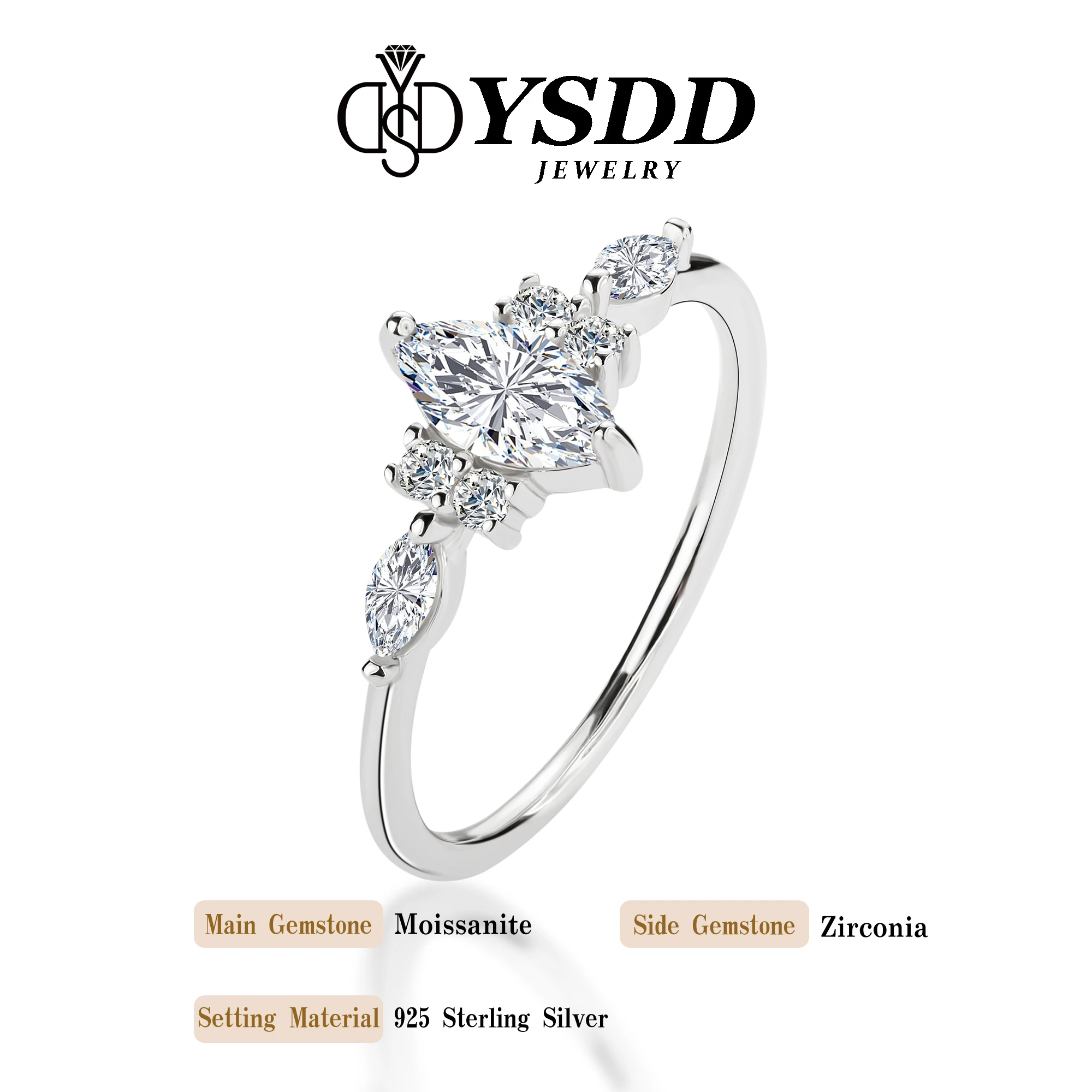 #184 YSDD D Color VVS1 Horse Eye Moissanite Diamond 925 sterling silver ladies Ring beautiful jewelry for Valentine's Day gift