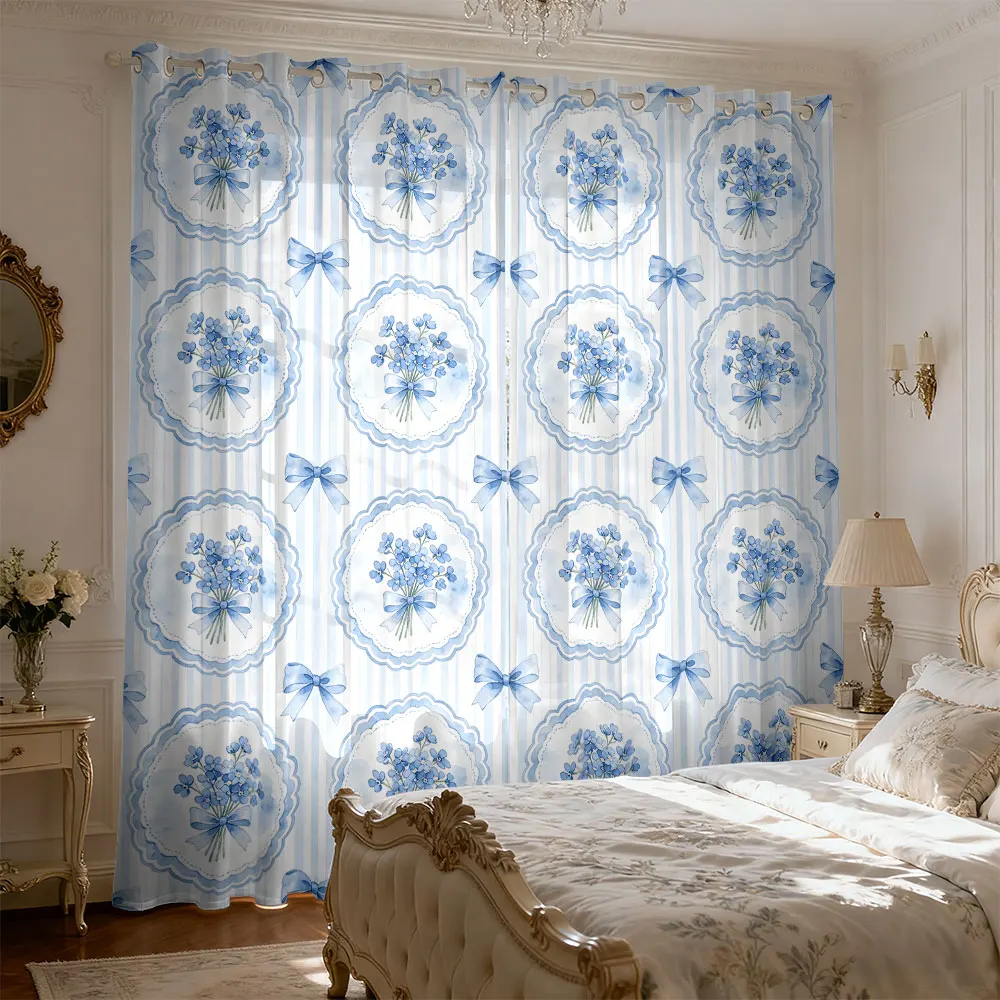 2pcs Beautiful Bow 90g Printed Perforated Curtains Living Room Bedroom Summer Shade Multi Size Fashionable Home Decoration