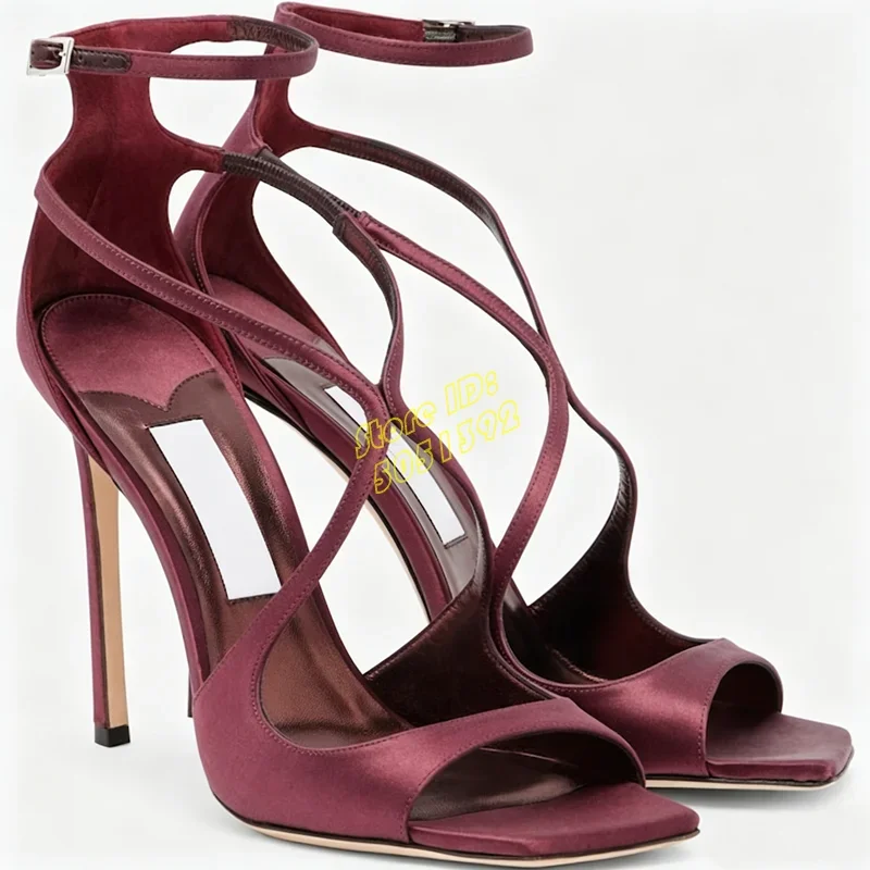 Red Glossy Patent Leather High Heel Sandals Square Toe Cross Strap Ankle Buckle Strap Handmade Runway 2026 Summer Spring Shoes - view 5