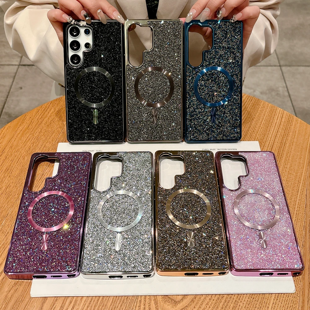 Luxuriöse Bling Diamond Plating Edges Handyhülle für Samsung Galaxy S25 Plus S24 S23 Ultra Wireless Charging Magnetic Glitter Cover
