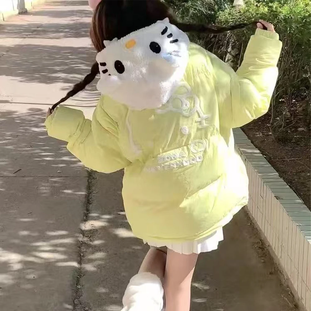 

Sweet Soft Hello Kitty Down Jacket Cotton Jacket Sanrio Kwaii New 2025 Women Winter Thickened Coat Cute Loose Warm Hooded Tops