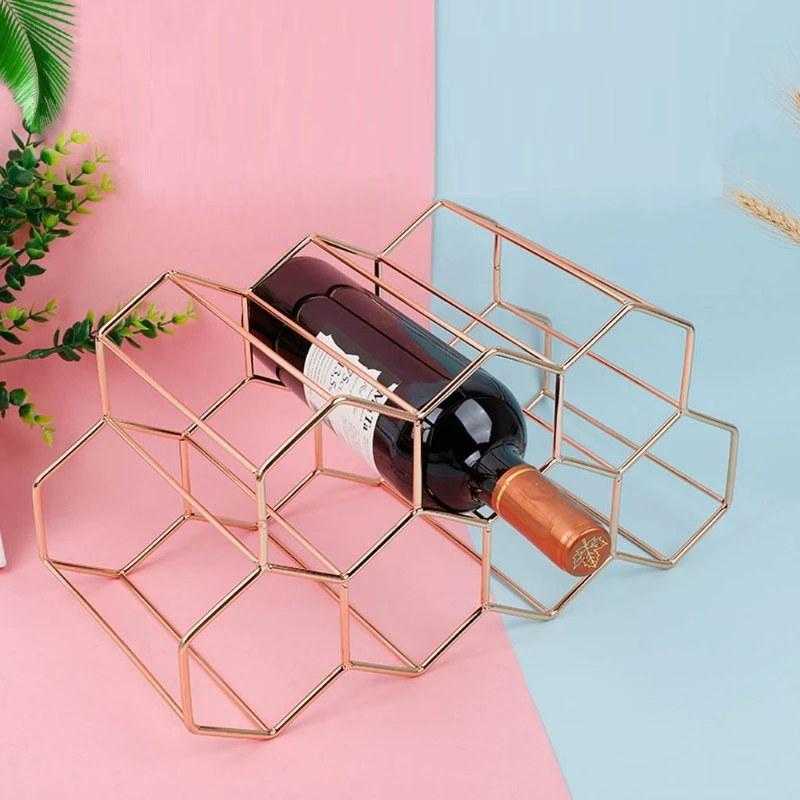 Tabletop Wine Rack Hexagon 7Bottle Wine Holder Countertop Bottle Rack Metal Honeycomb Wine Rack Black Silver Gold Holder