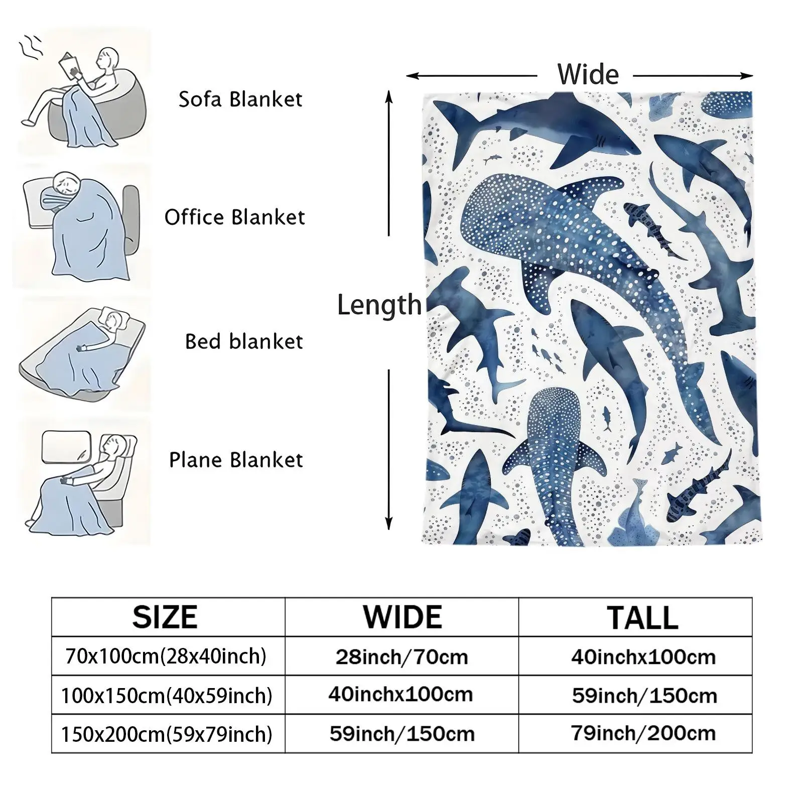 Watercolor Blue Whale Shark Mixed Sharks Marine Animal Flannel Throw Blanket Coastal Nautical Underwater Creature Lap Blanket,