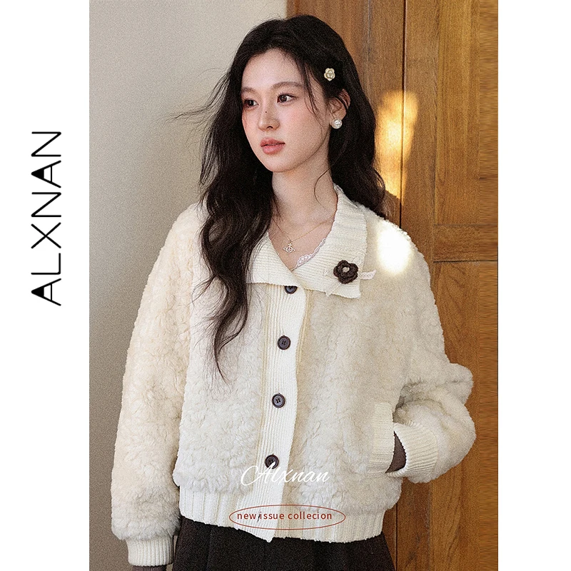 

ALXNAN Women's Winter Warm Coat Casual Loose-fit Fleece Lined Turn Down Collar Short Jacket 2025 New Fashion Outerwear L60202