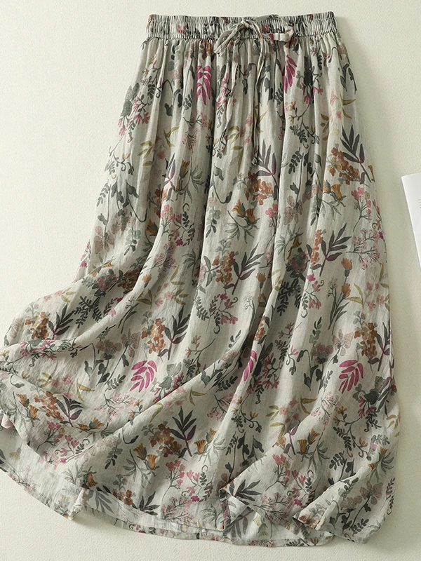 

Japanese Style Double Layer Floral Print A-Line Skirt Women's plus Size Fashionable Lightweight Breathable Midi Skirt