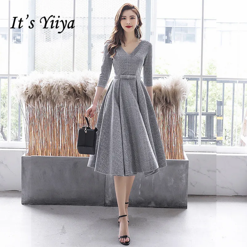 Vestido De Fiesta It\'s Yiiya BR309 Silver Gray Shining Prom Long Elegant Dresses V-neck Three Quarter Sleeve Formal Gowns 2020