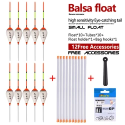 10PCS Balsa Wood Fishing Floats+10 Buoy Tubes+1 Bag Hooks+1 Float Seat Shallow Water Bobber Ice Buoy Vertical Sensitive Buoy