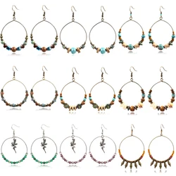 Ethnic Vintage Boho Drop Dangle Earrings For Women Big Hoop Wire Handmade Beaded Earrings Wooden Acrylic Bronze Color Earings