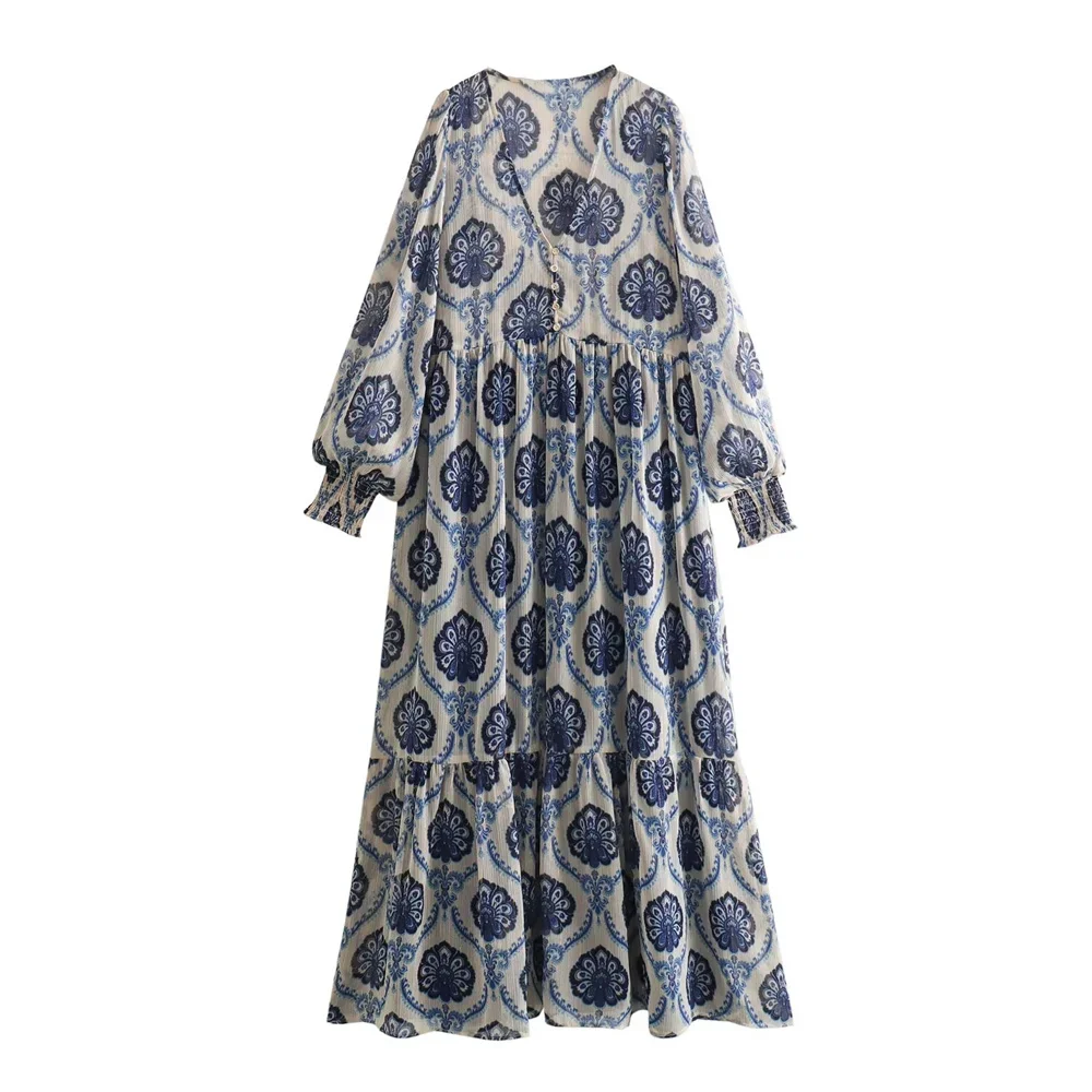 

2025ZAR Spring/Summer New Women's European and American Fashion Casual Metal Color Line Printed Dress