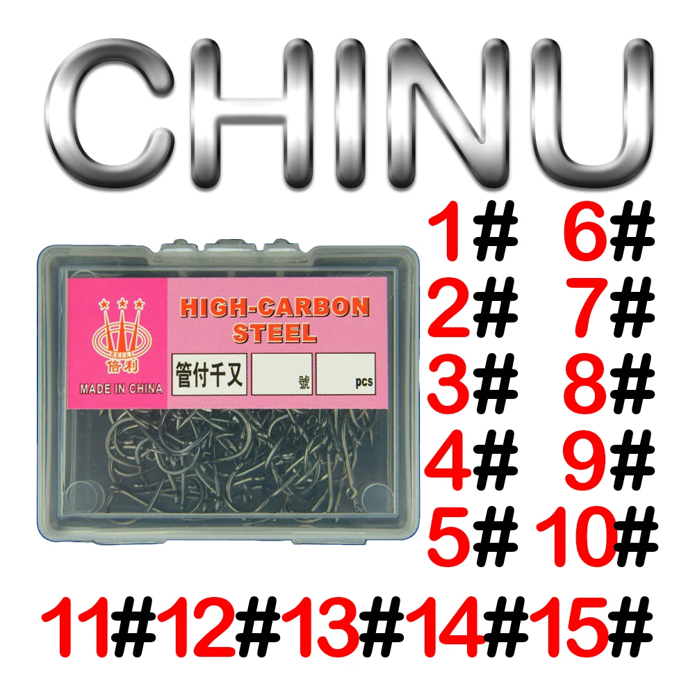Anzuelo de pesca CHINU con anillo, anzuelo de acero al carbono, color negro, con púas, 15-100