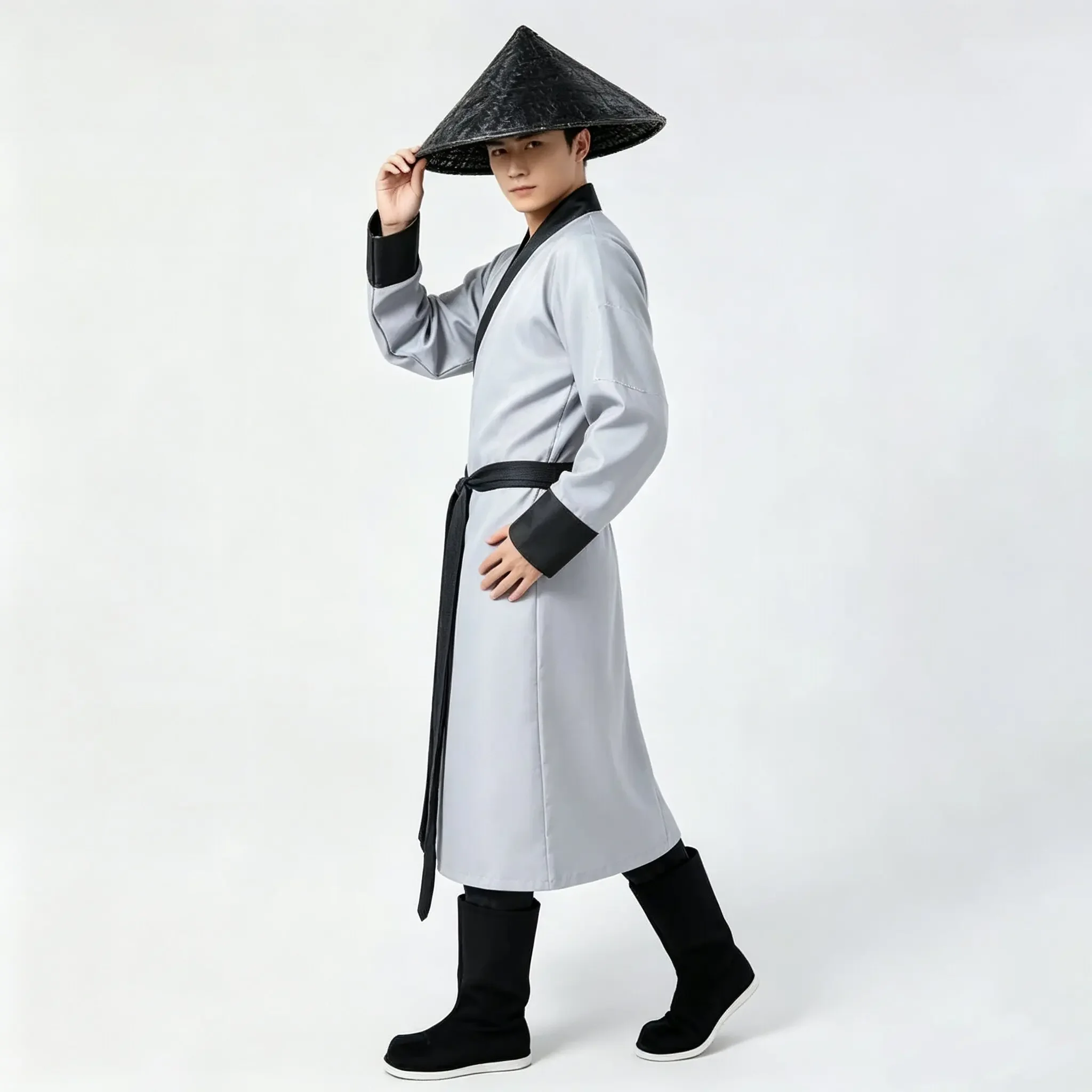 Men Black Ancient Warrior Robe White Cross Collar Belted Long Coat Oriental Knight Costume with Tassel for Cosplay Party view 3
