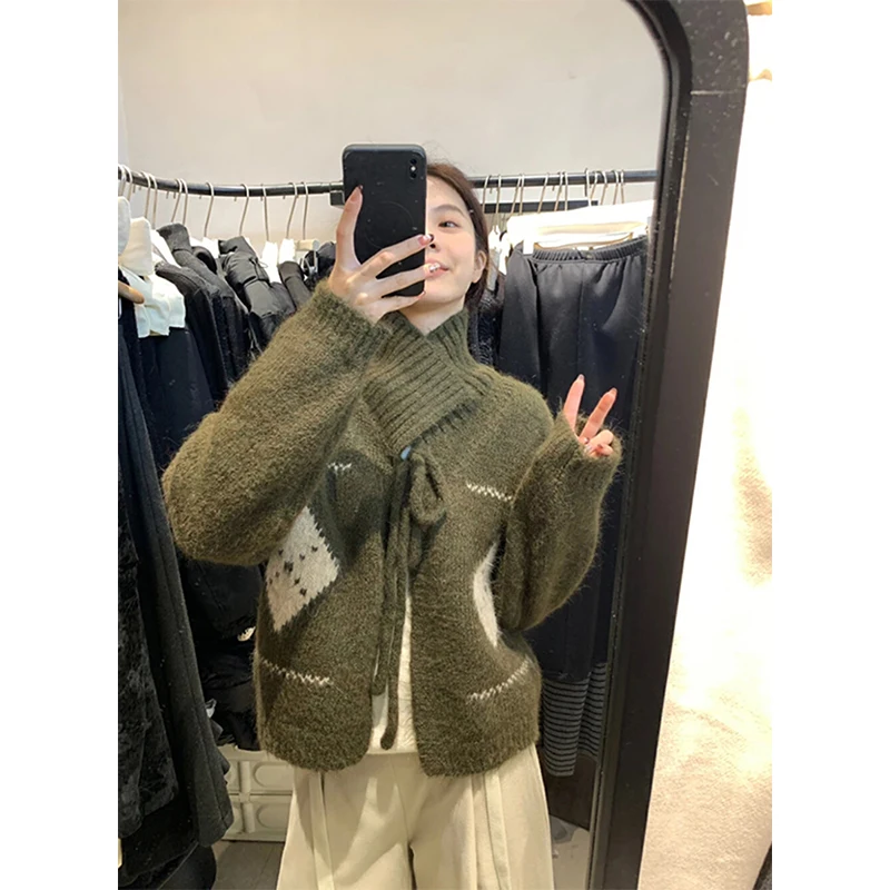 Red Argyle Knitted Cardigan Women Fashion Lace Up White Sweater Outerwears Korean Print Knitwears Winter Long Sleeve Jumpers New view 4