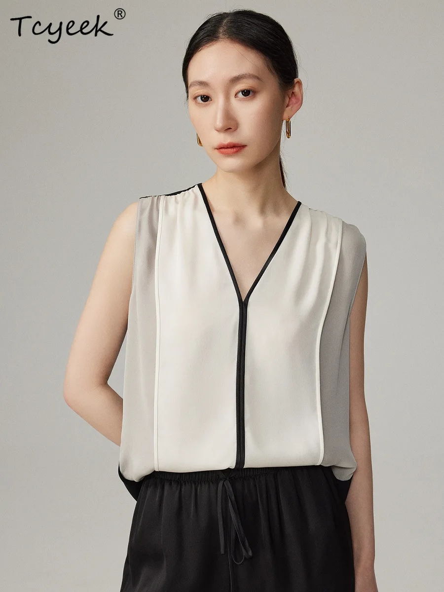 

Tcyeek, 90%Natural Silk Elegant T-Shirt, Women Sleeveless Spliced, Retro Fashioin OL Loose Vest, 2024 Summer New T45676QM