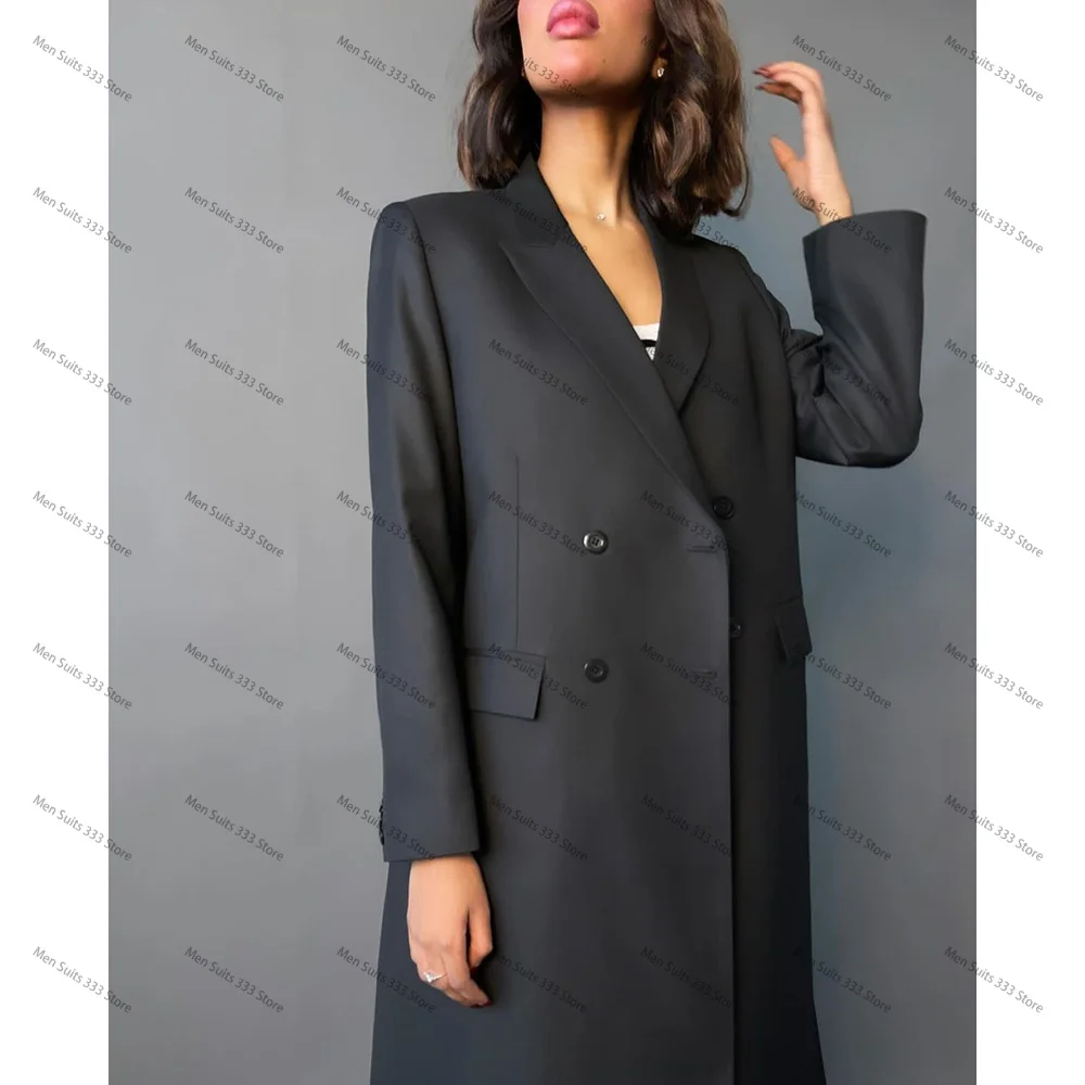 2024 Luxe Zwarte Double Breasted Piek Revers Moslim Vrouwen Pakken Lange Jas 1 Stuk Formele Gelegenheid Chic Vrouwelijke Kleding Blazer