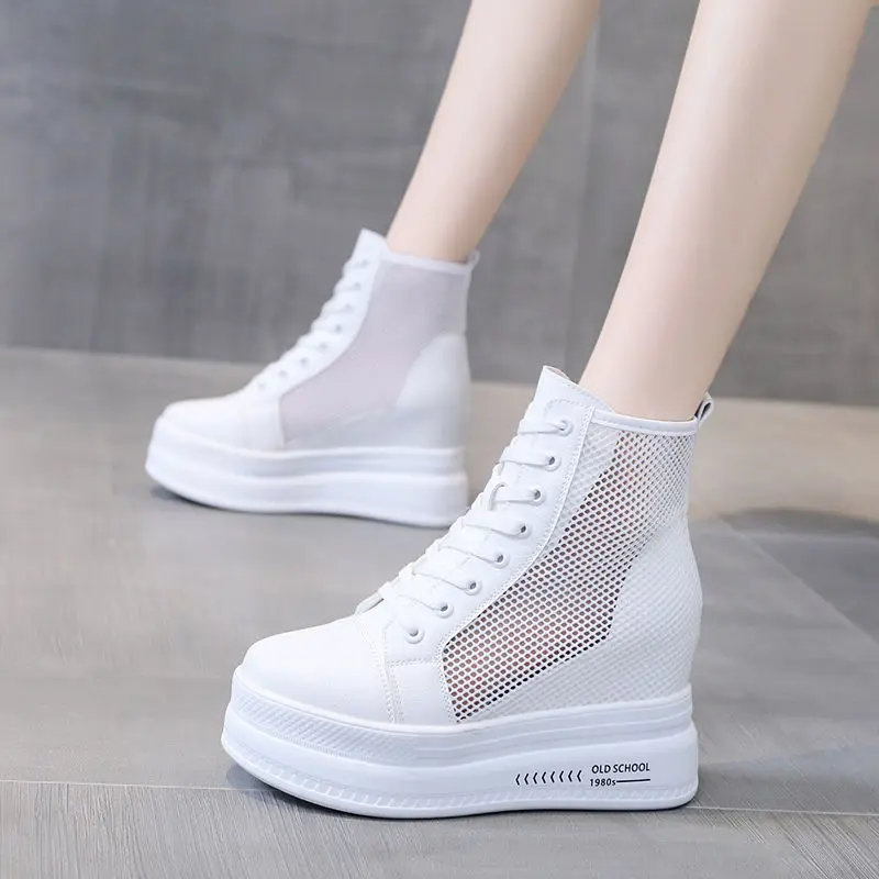 

Summer Woman Platform Sneakers Wedge Shoes Female 8cm Height Increasing Ladies Hollow Mesh Breathable Casual Shoes Canvas Shoes