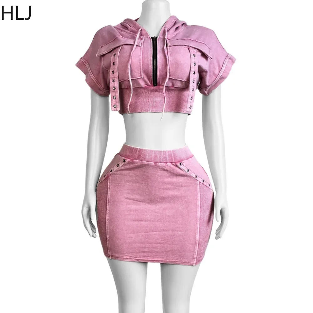 HLJ Fashion Pocket Cargo Hooded Two Piece Sets For Women Zip Slim Crop Top And Mini Skirts Outfits Female Washed 2pcs Streetwear