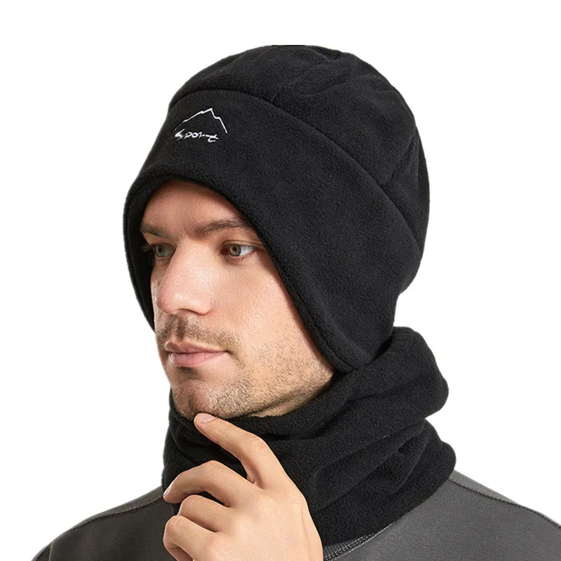 Winter Men Balaclava Beanies Snood Sets Fleece Warm Cap Casual Outdoor Sports Neck Warmer Thicken Soft Black Scarf Hat for Women