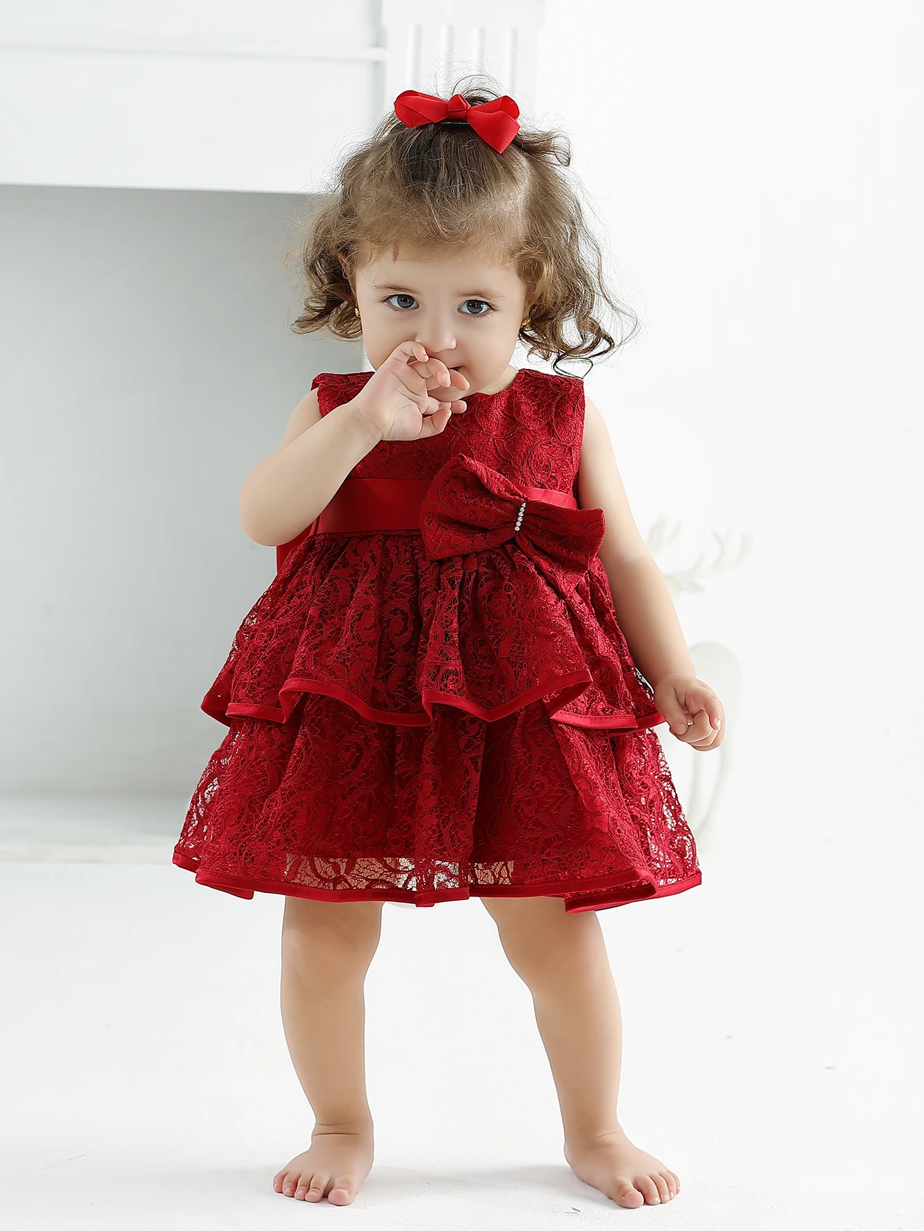 Baby Girl Red Lace Hot Selling Dress Princess Beautiful Dress Performance Birthday Party Flower Girl Children's Dress