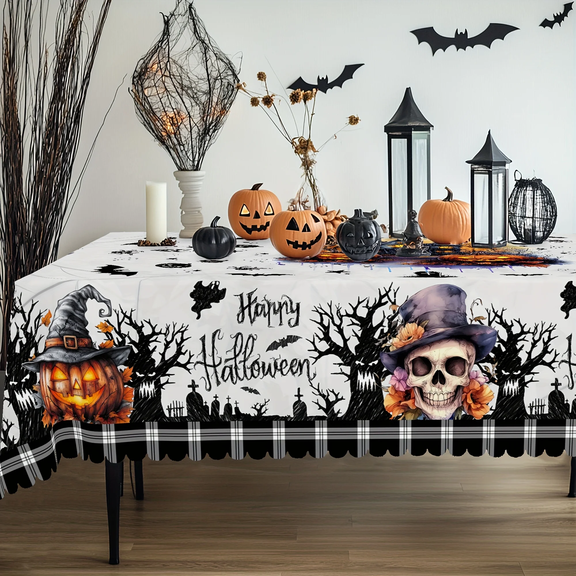 One circular tablecloth with a Halloween-themed horror castle pattern and checkered design
