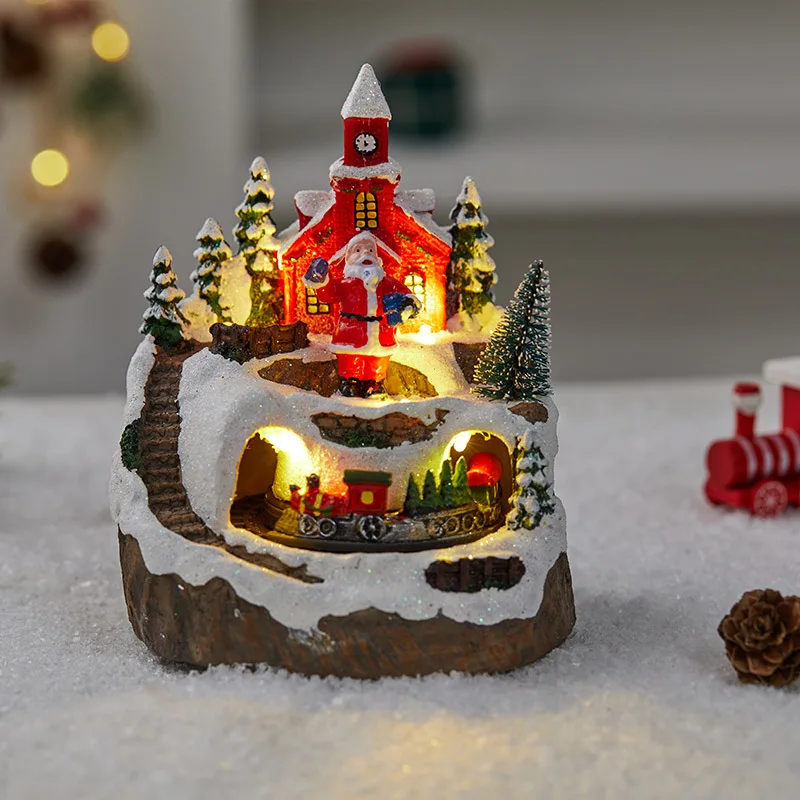 Christmas House Village Rotating Train Scene LED Lighting Battery Operated LED Light Up Christmas Decoration Creative Xmas Gifts