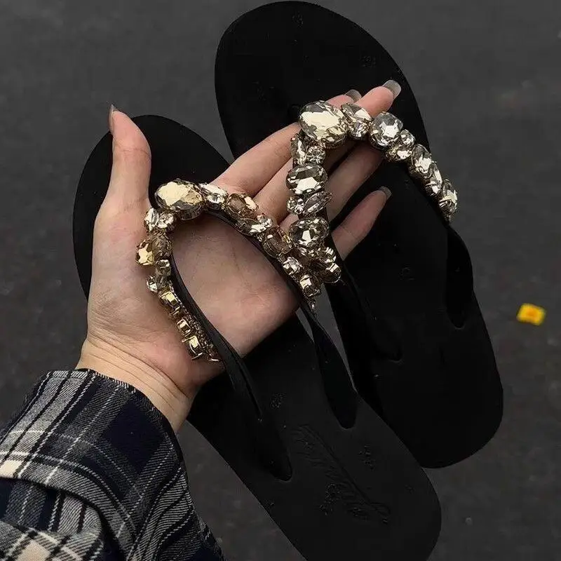 Diamond Flip Flops Summer Women Slippers Thick Bottom Girls Fashion High Slope Heels Anti Slip Beach Sandals Comfortable Shoes