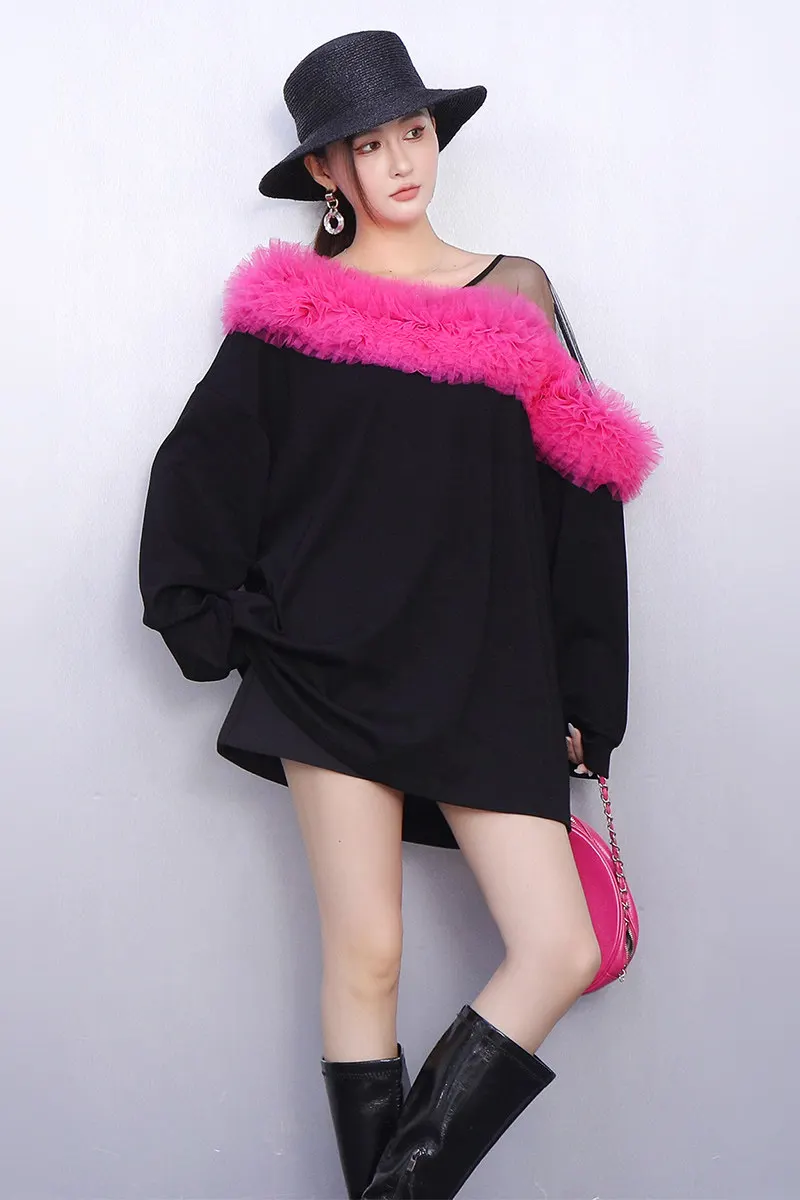 2026 Summer New Fashion Women Loose Mesh Off-shoulder T-shirts Female Casual Long Sleeve Top Wholesale J2335