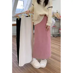 Pink A-line Midi Skirt for Women in Spring and Summer Versatile High Waist Slimming Solid Color Medium to Long Sweet