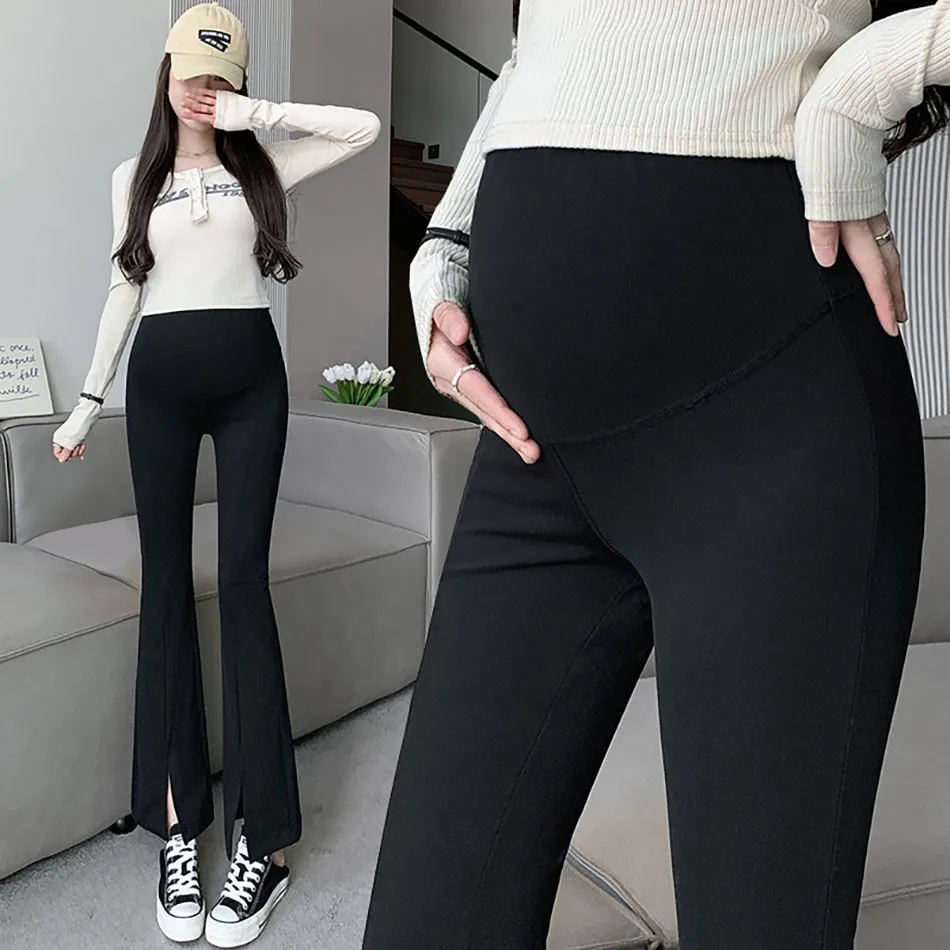 Calça reta deflagrada feminina, roupa de maternidade, alta elasticidade, divisão frontal espessa, casual, confortável na barriga, sem pilling