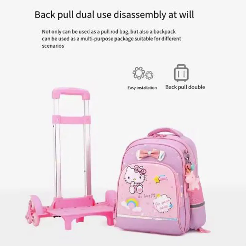 Zaino da scuola per trolley Kawaii Anime Hello Kitty Zaino per studenti con ruote Regalo per ragazza impermeabile portatile di grande capacità