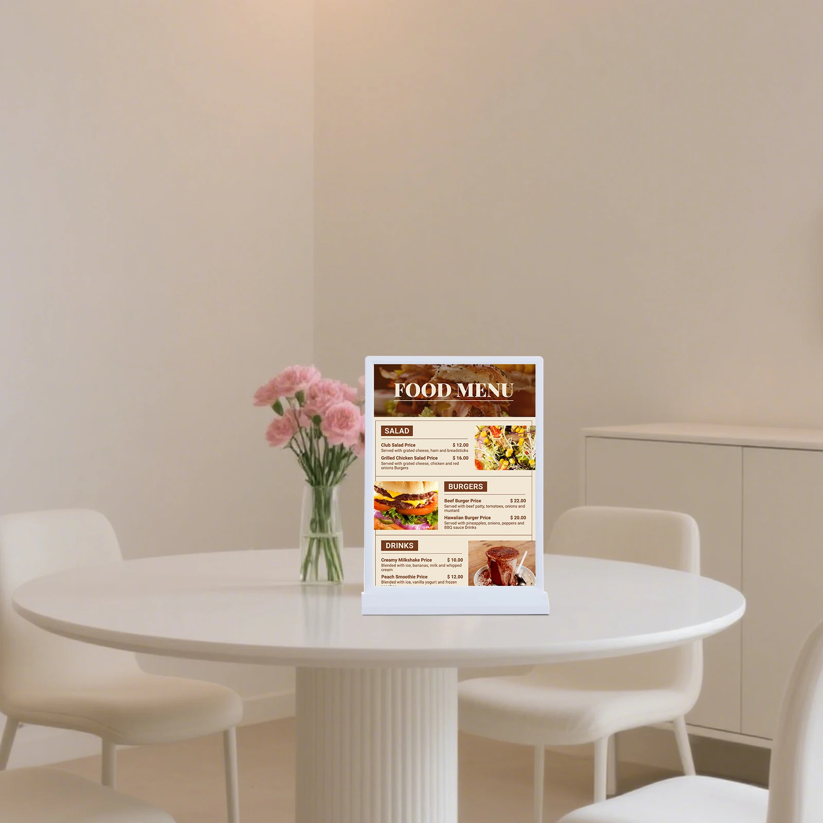 

Белая настольная LED-стойка для рекламы из ABS-пластика, 24x8x2.5см, формат А4, с трехступенчатой регулировкой яркости, двусторонняя, светящаяся рекламная панель