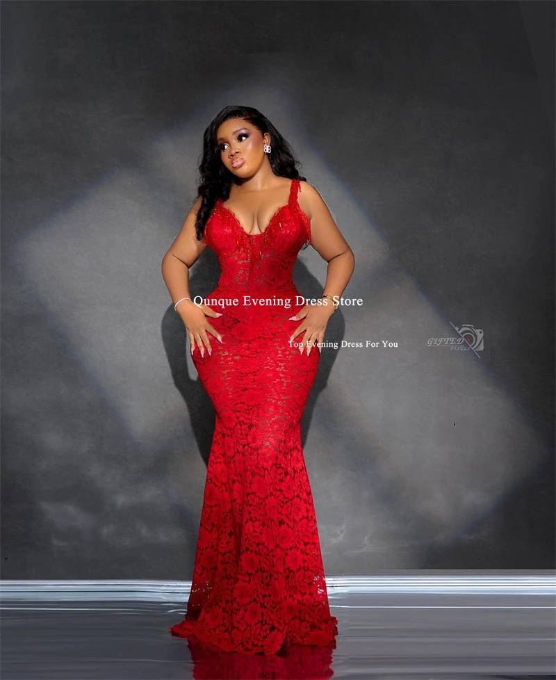 Qunque Sweetheart Elegant Prom Dresses Vestidos De Festa Women Mermaid Evening Dress Red Lace Formal Party Dresses Customized